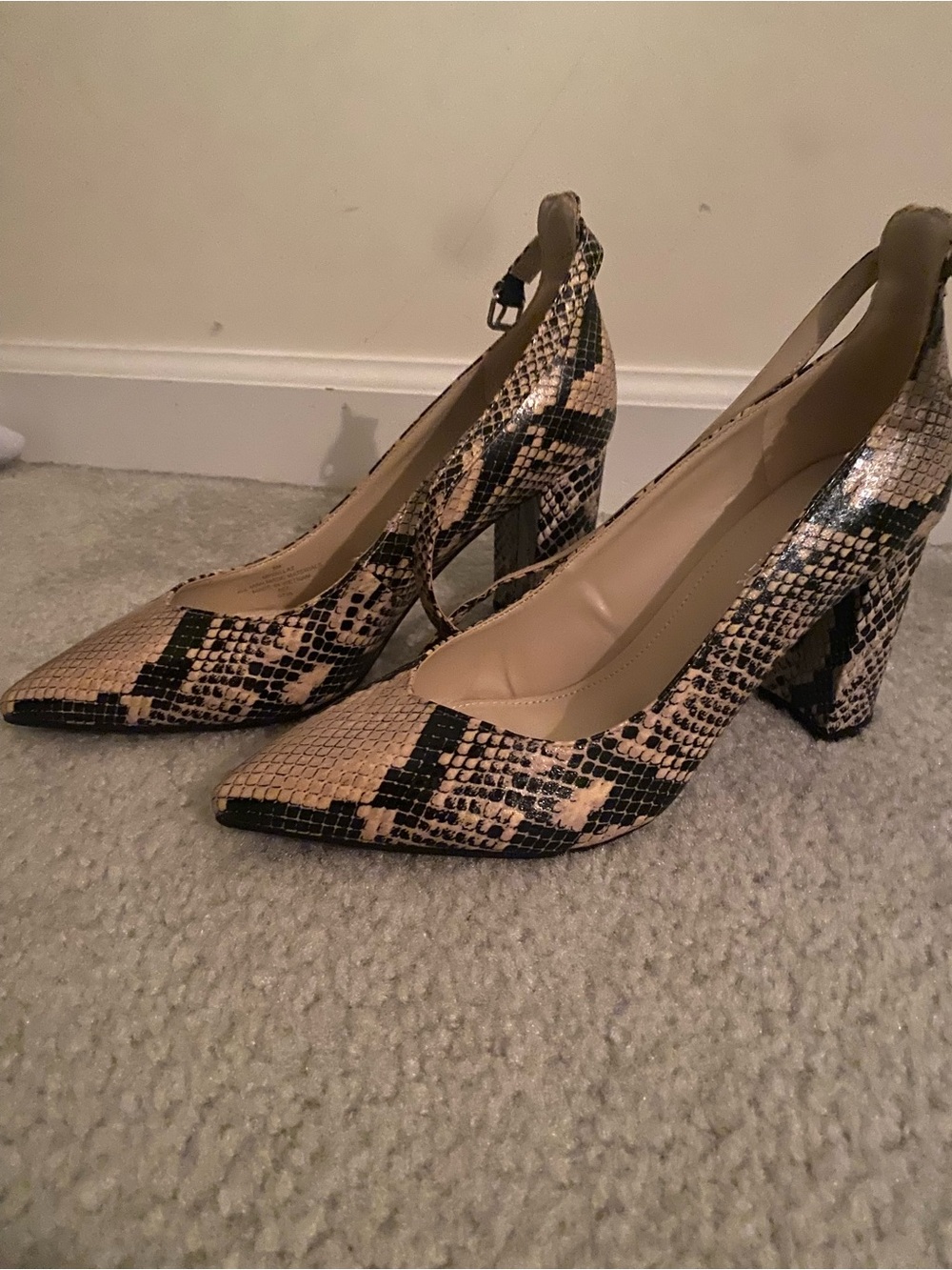 Marc Fisher Snake-Print Pointed Block Heel Pumps - Beige/Black